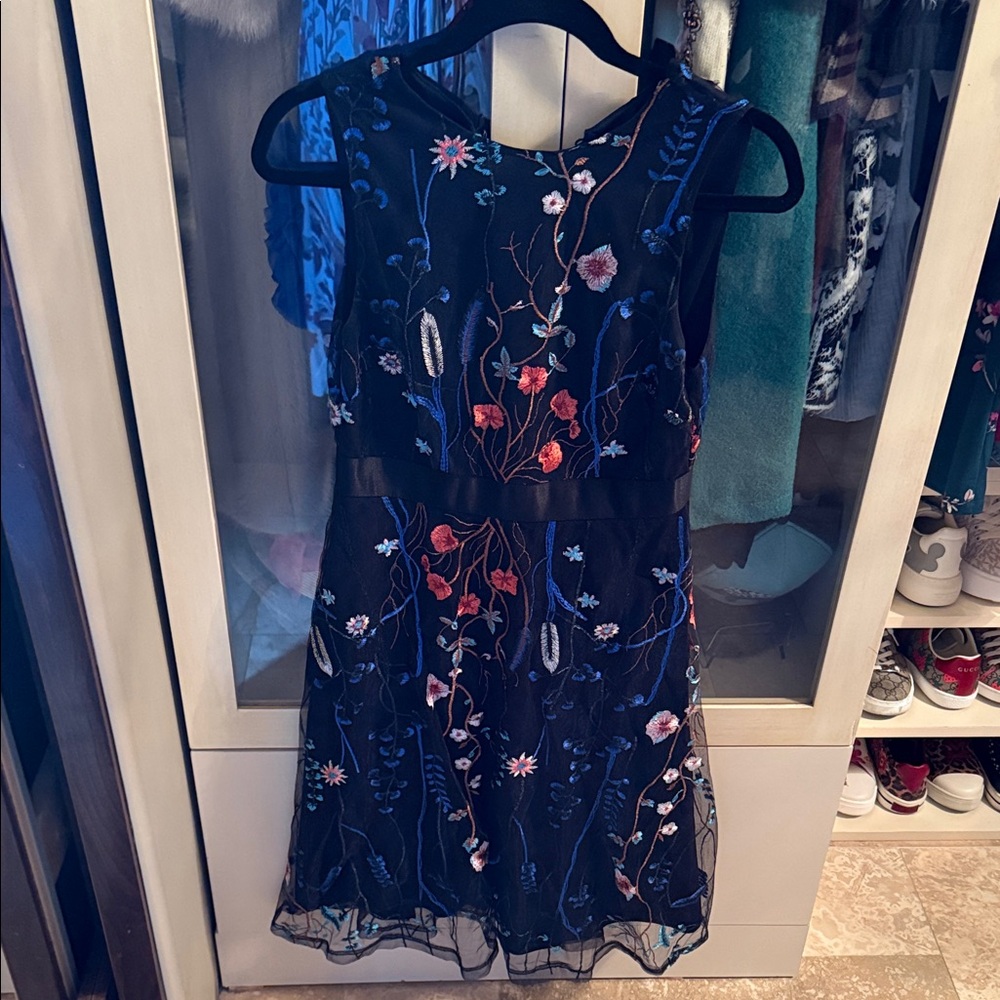JJs House Black Lace Dress with Colorful Floral Embroidery